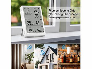 Luminea Home Control WLAN-Temperatur- & Luftfeuchtigkeits-Set mit Display, 5 Sensoren 