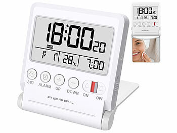 Reisewecker: PEARL Kompakter Reise-Funkwecker mit Thermometer und Datum, klappbar 