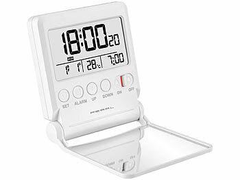 PEARL Kompakter Reise-Funkwecker mit Thermometer und Datum, klappbar 