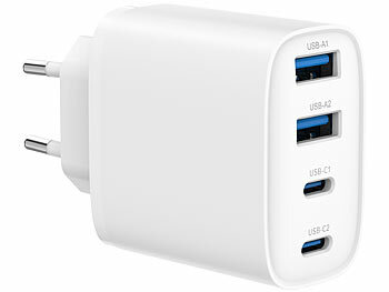 Schnellladegerät: revolt Ultrakompaktes 4-Port-USB-Netzteil, USB-C PD + QC, bis 40 Watt, weiß 