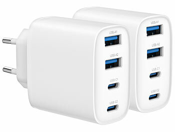 USB Ladegeräte: revolt 2er-Set kompakte 4-Port-USB-Netzteile, USB-C PD + QC, bis 40 W, weiß 