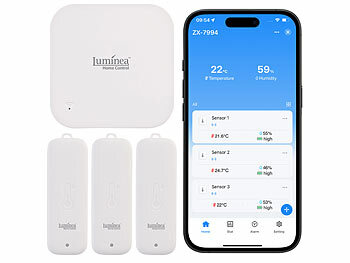 Luminea Home Control 5er-Set Temperatur- & Feuchtigkeitssensoren, WLAN-Gateway, App, IP65 