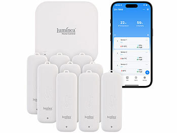 innen-Außensensor: Luminea Home Control 9er-Set Temperatur- & Feuchtigkeitssensoren, WLAN-Gateway, App, IP65 