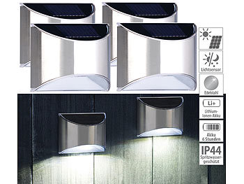Solar Außenleuchte: Lunartec 4er-Set Solar-LED-Wandleuchte mit Lichtsensor, Edelstahl, 20 lm, IP44