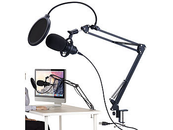 Mikrophon: auvisio Profi-USB-Kondensator-Mikrofon mit Popschutz und Tischhalterung