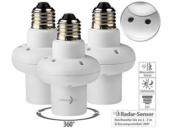 E27 Nachtlicht-Adapter: Lunartec 3er-Set Lampenfassungen E27 mit 360°-Mikrowellen-Radar-Bewegungsmelder