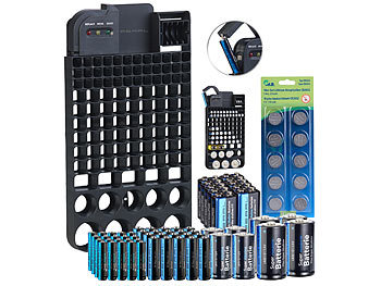 Batterieaufbewahrungsbox: PEARL 2in1-Batterie-Organizer für 110 Batterien mit Tester & Batterien-Set
