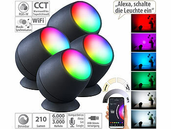 WiFi-LED-Lampe Alexa: Luminea Home Control 4er-Set WLAN-Stimmungsleuchten, RGB-CCT-LEDs, 210lm, 2,2W, USB,schwarz