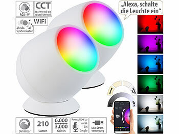 WLAN-Stimmungslicht: Luminea Home Control 2er-Set WLAN-Stimmungsleuchten, RGB-CCT-LEDs, 210 lm, 2,2 W, USB, weiß