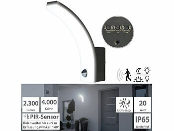 LED-außen-Wandleuchte mit Bewegungssensor: Lunartec LED-Außenwandleuchte mit PIR-Sensor, 2.300 lm, 20 W, IP65, schwarz