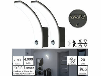 außen-Wandlampe LED: Lunartec 2er-Set LED-Außenwandleuchte PIR-Sensor, 2.300 lm, 20 W, IP65, schwarz