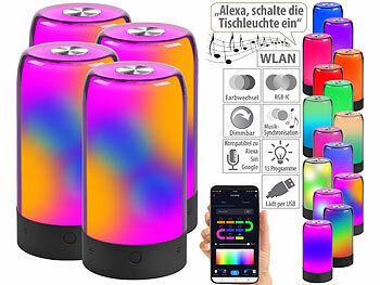 Nachttischlampen Touch dimmbar: Luminea Home Control 4er-Set smarte Stimmungsleuchten, RGB-IC-LEDs, 15 Modi, WLAN, schwarz