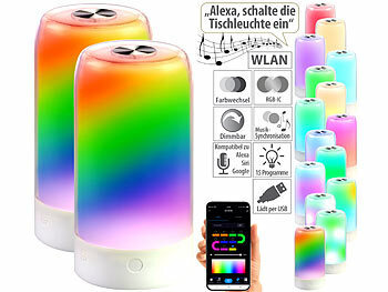 RGB-Tischleuchte: Luminea Home Control 2er-Set smarte Stimmungsleuchten mit RGB-IC-LEDs, 15 Modi, WLAN, weiß