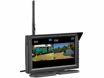 Lescars Display Rückfahrkamera: 2in1-Solar-Funk-Rückfahrkamera- &  Überwachungs-Set, Full HD 7-Monitor (Rückfahrkamera mit Solarmodul)