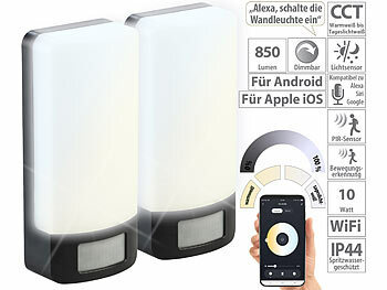 Smarte WLAN-Außenleuchte: Luminea Home Control 2er-Set CCT-LED-Außen-Wandleuchten, PIR-Sensor, 10 W, 850lm, IP44, App