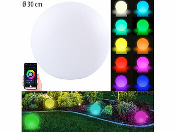 Luminea Home Control WLAN-Akku-Leuchtkugel mit RGBW-LEDs und App, 576 lm, IP54, Ø 30 cm