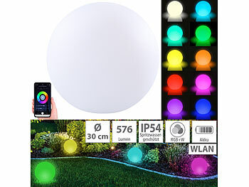 Luminea Home Control WLAN-Akku-Leuchtkugel mit RGBW-LEDs und App, 576 lm, IP54, Ø 30 cm
