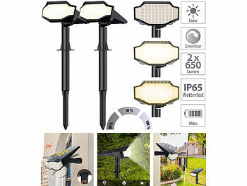 LED-Solarleuchten Garten: Luminea 2er-Set High-Power-Solar-LED-Gartenspots, 650 lm, IP65, warmweiß