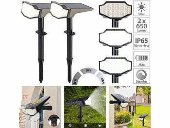Solar-Wandlampe außen: Luminea 2er-Set High-Power-Solar-LED-Gartenspots, 650 lm, IP65, tageslichtweiß