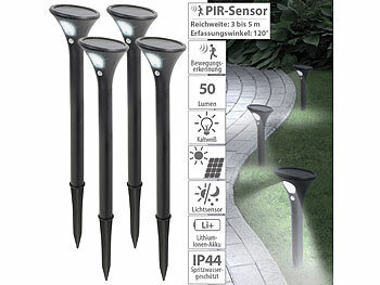 Sensor-Gartenleuchte: Lunartec 4er-Set Design-Solar-Wegeleuchten, Licht- & Bewegungssensor, kaltweiß
