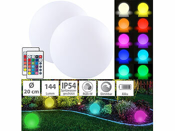 Kugellampe Garten: Lunartec 2er-Set Akku-Leuchtkugeln für innen und außen, Ø20 cm, IP54, RGBW-LED