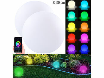 Luminea Home Control 2er-Set WLAN-Akku-Leuchtkugeln, RGBW-LEDs, App, 576 lm, IP54, Ø 30 cm