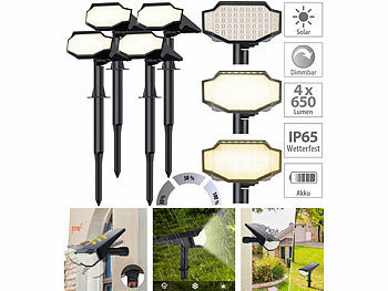LED-Solarleuchte Garten: Luminea 4er-Set High-Power-Solar-LED-Gartenspots, 650 lm, IP65, warmweiß