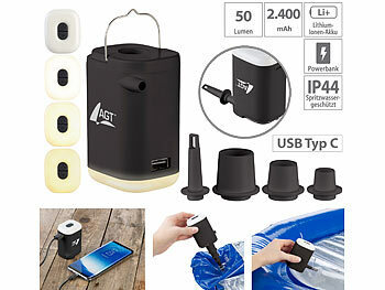 Luftpumpe USB: AGT Mini-4in1-Akku-Luftpumpe, 4 Aufsätze, Powerbank-Funktion, 180l/Min