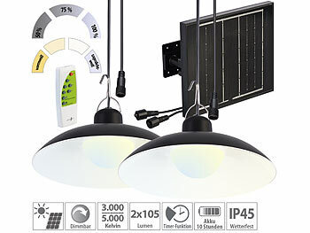 Pendelleuchte: Lunartec Solar-LED-Doppel-Hängelampe, 2x 105 lm, Akku, Timer, warmweiß / weiß
