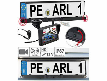 Funk Rückfahr Kameras in Nummernschild Halterung: Lescars Funk-HD-Rückfahrkamera in Nummernschildhalter, Monitor, Abstandswarner