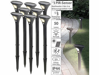 Sensor-Gartenleuchten: Lunartec 8er-Set Design-Solar-Wegeleuchten, Licht- & Bewegungssensor, warmweiß