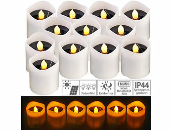 LED Solar-Teelichter: Lunartec 12er-Set Solar-LED-Kerzen, flackernde Flamme, 8 Std. Leuchtdauer, IP44