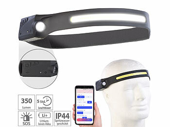 Kopfleuchte: KryoLights Smarte Akku-Stirnlampe mit 2 Lichtquellen, 500 Lumen, SOS-Melder, App