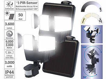 Solarstrahler für aussen: Luminea 2er-Set 3-fach-Solar-LED-Fluter für außen, PIR-Sensor, 3.600 lm