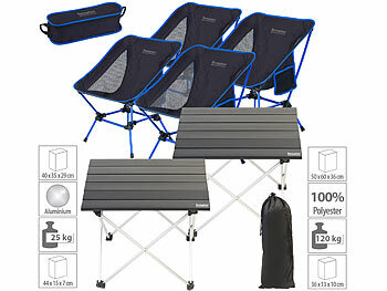 Campingtisch Klapptisch: Semptec 2 Faltbare Aluminium-Campingtische inkl. 4 Klapp-Stühlen