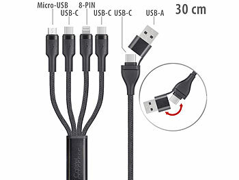 multifunktionale Ladekabel: Callstel 8in1-Lade-/Datenkabel USB-C/A zu USB-C/Micro-USB/Lightning 60 W, 30 cm