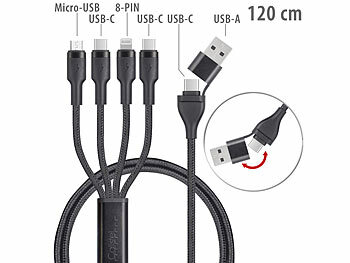 Multi-Ladekabel Handy: Callstel 8in1-Lade-/Datenkabel USB-C/A zu USB-C/Micro-USB/Lightning 60W, 120 cm