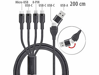 Android-Ladekabel: Callstel 8in1-Lade-/Datenkabel USB-C/A zu USB-C/Micro-USB/Lightning 60 W, 200cm