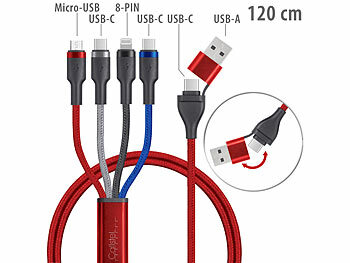 Ladekabel: Callstel 8in1-Lade-/Datenkabel USB-C/A zu USB-C/Micro-USB/Lightning 60W, farbig
