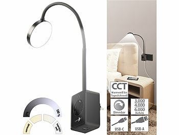Bett-Nachtlicht: Lunartec Dimmbare CCT-LED-Steckerleuchte mit Steckdose, USB-A/C-Port, schwarz