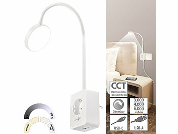 Bett-Nachtlichter: Lunartec Dimmbare CCT-LED-Steckerleuchte mit Steckdose, USB-A/C-Port, weiß