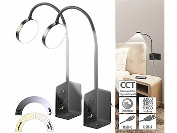 LED-Bett- und Leselampe: Lunartec 2er-Set Dimmbare CCT-LED-Steckerleuchten mit Steckdose, schwarz