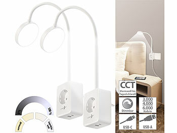 LED-Bett- und Leselampe: Lunartec 2er-Set Dimmbare CCT-LED-Steckerleuchten mit Steckdose, weiß