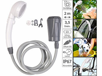 Campingdusche USB: Semptec Akku-Camping-Dusche mit Tauchpumpe & Multi-Brause, 2-m-Schlauch, USB-C