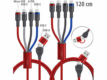 AllInOne Ladekabel: Callstel 2 x 8in1-Datenkabel USB-C/A zu USB-C/Micro-USB/Lightning, 1,2m, 60w