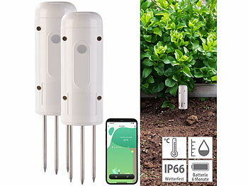 Erd-Feuchtigkeitsmesser: Luminea Home Control 2er-Set smarte ZigBee-Boden-Feuchtigkeits- & Temperatursensoren