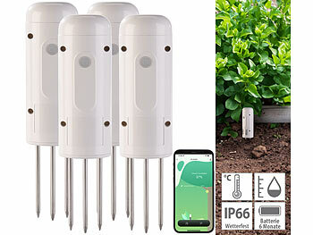 ZigBee-Temperatursensoren Outdoor: Luminea Home Control 4er-Set smarte ZigBee-Boden-Feuchtigkeits- & Temperatursensoren
