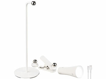 Lunartec 4in1-Akku-Tisch-, Wand-, Klemm- und Taschenlampe, 3 Leuchtmodi, weiß