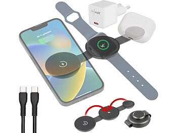 Ladestation MagSafe: Callstel Ultrakompaktes 3in1-Ladegerät, MagSafe, inkl. USB-C-Netzteil, schwarz 