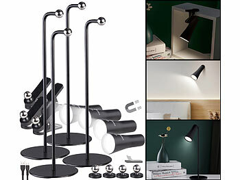Kabellose Tischlampe LED: Lunartec 4er-Set 4in1-Akku-Tisch-, Wand-, Klemm- & Taschenlampe, 3 Modi,schwarz